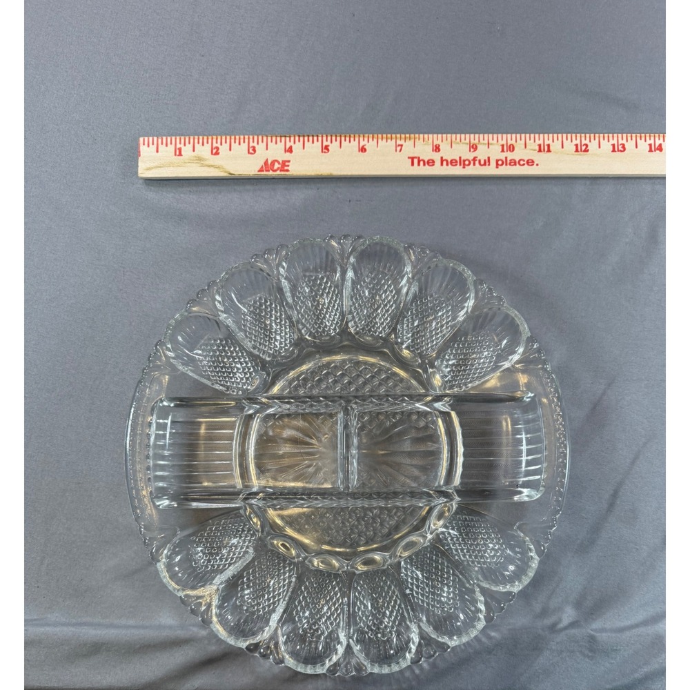Vintage Clear Pressed Glass Deviled Egg Platter 12 Slot Scalloped Diamond 11in